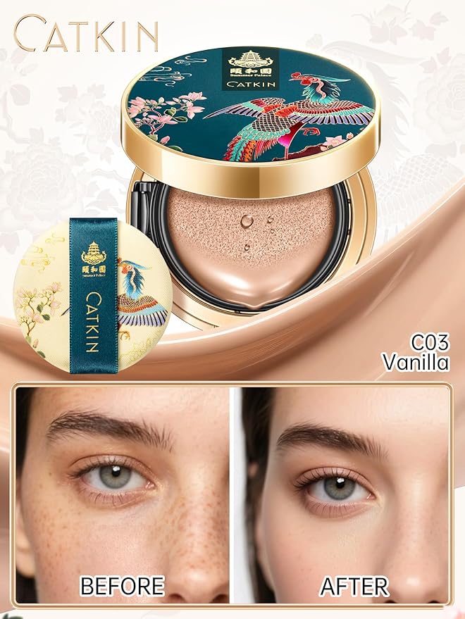 Catkin Phoenix Cushion Foundation Buildable Coverage Anti-Aging Serum Makeup, Sheer Satin Finish, Refill Included, Light Beige 0.46 Oz x 2, C03 VANILLA