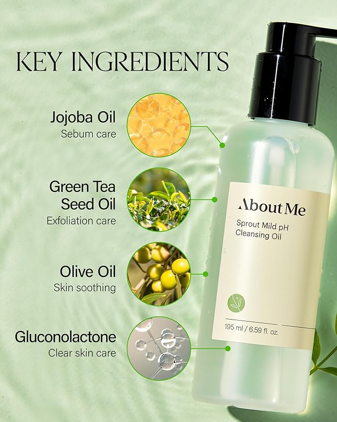 About Me Sprout Mild pH Cleansing Oil – Korean Single Step Oil Cleanser for Sensitive Skin – Daily PHA Gentle Exfoliation with Wheat & Broccoli Sprout – Korean Skin Care – 6.59oz, 195ml