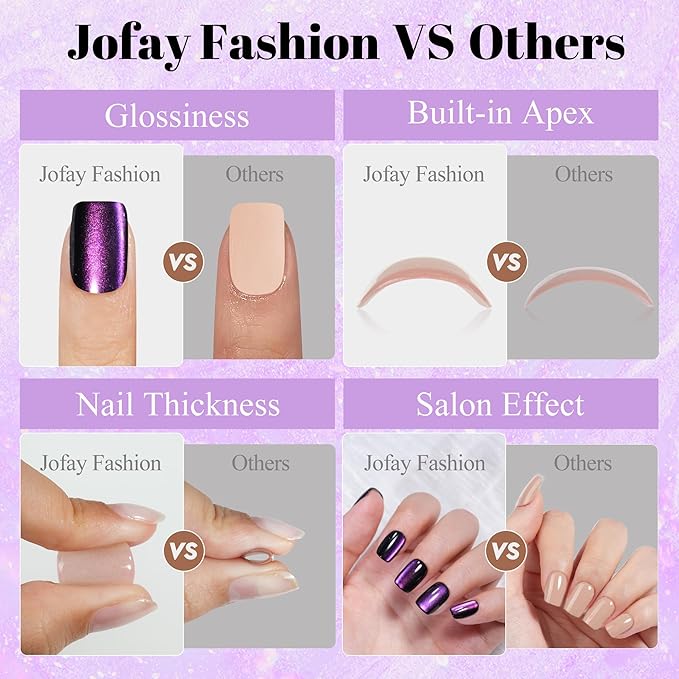 Cat Eye Press on Nails Short, Jofay Fashion Stylish Purple Square Press on Nails, Soft Gel Fake Nails, Reusable & Natural Acrylic False Nails, Stick on Nails for Women Gift, Glue on Nails Kit 32 Pcs