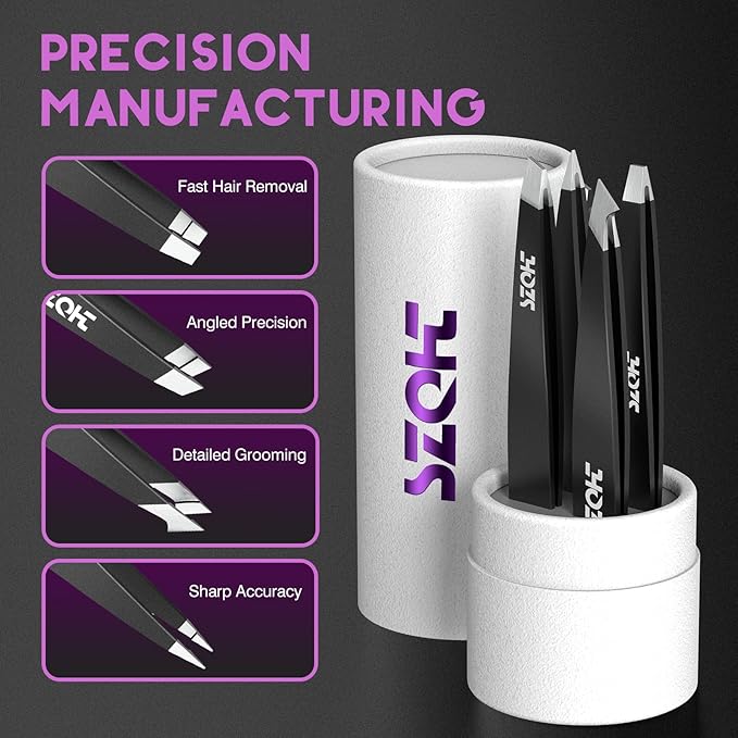 Professional Tweezers Set for Eyebrows – 4PC Precision Stainless Steel Tweezers Kit with Slant, Pointed & Flat Tips – Eyebrow Hair Removal Tool for Women & Men – Eco-Friendly Paper Tube Packaging