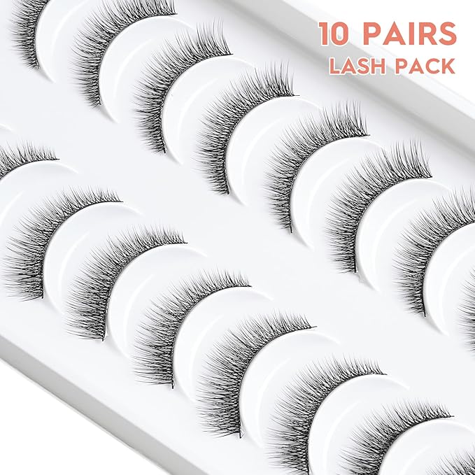 Natural Lashes 7MM Extra Short Eyelashes Natural Cat Eye Lashes 10 Pair False Eyelashes Wispy Eye Lashes Pack C Curl Strip Lashes 3D Volume Short Lashes Siligli Eyelashes
