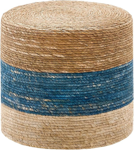 Wimarsbon 18'' Ottoman Pouf, Natural Braided Poof, Rustic Handweave Lounge Pouffe, Boho Footrest Stool for Bedroom, Accent Table for Living Room (18inch Natural Cattail + Blue Corn Husk)