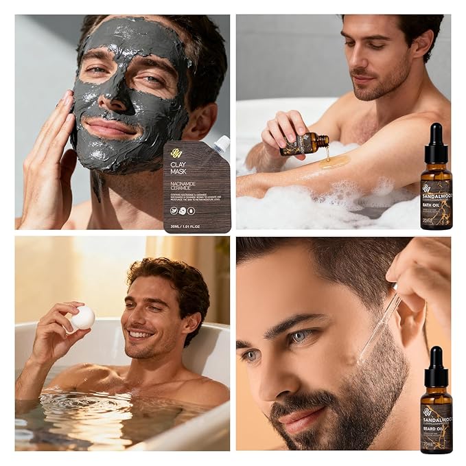Sandalwood Beard Grooming Set For Men, 21 Pcs Facial Skin Care Set, Spa & Self-Care Gift, Bath and Body Gift Set, Bath Bomb, Bear Oil, Face Serum, Birthday, Christmas, Valentines, Father Day, Husband