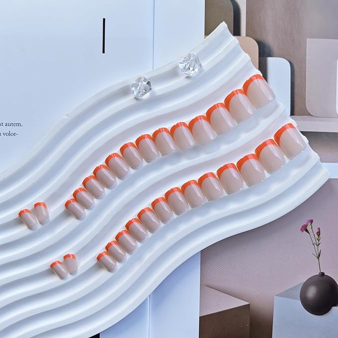 30 Pcs Orange French Tip Press on Nails Short Square, Acrylic Fake Nails Press ons with Glue, Small Coffin Acrylic Natural Nude Glue on Nails for Women, 15 Sizes