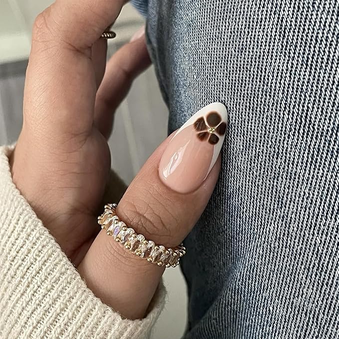 Fall French Tip Press on Nails Medium Almond Fake Nails with 3D Coffee Beans Design Glossy Nude Acrylic False Nails Brown Flower Glue on Nail Full Cover Artificial Stick on Nail for Women 24Pcs