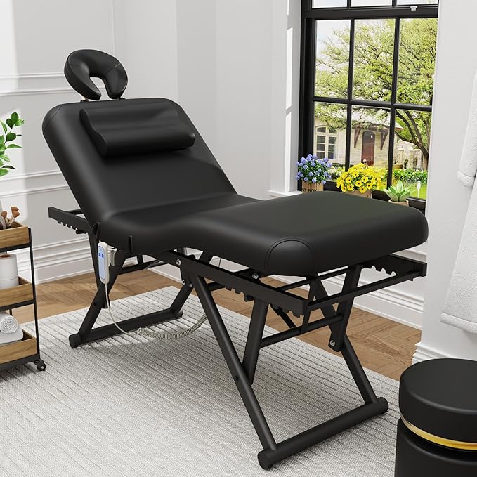 pouseayar Adjustable Massage Table with Face Pillow & Headrest, Sturdy and Solid, Silent and Easy to Adjust - Adjustable Backrest, Electric Leg Lifting, Black