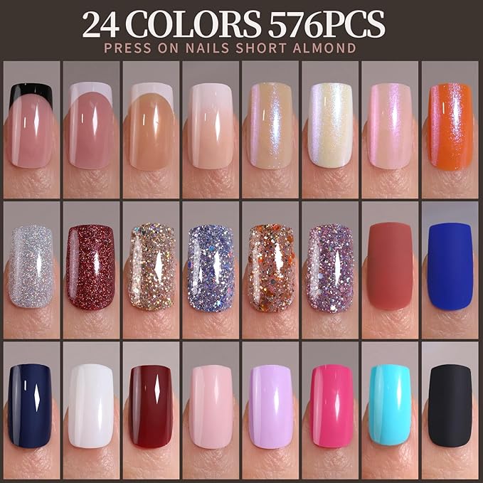 FANDAMEI 24 Colors 576 PCS Press On Nails, Coffin False Nails Medium Square, Full Cover Fake Nails, Pearl Gloss French Tips, Glitter, Glossy, Matte for Nail Art DIY