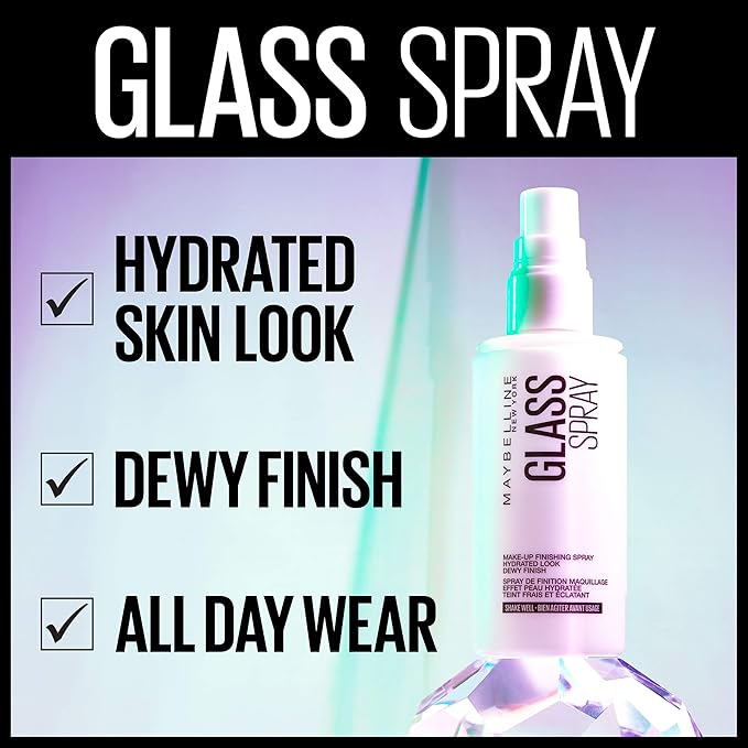 Maybelline New York Facestudio GlassSkin Makeup Finishing Hydrating Dewy Glossy Finish All Day Wear Use After Makeup Application or On Its Own, Glass Skin Spray, 3.4 Fl Oz