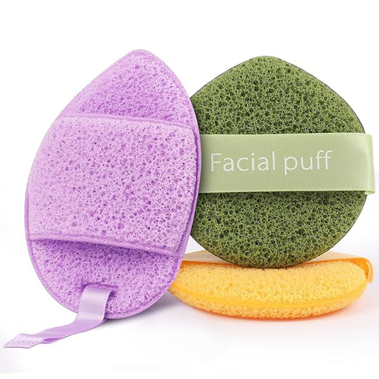 Facial Sponges GloréBrochas 3PCS Soft Reusable Face Sponges for Cleansing, Makeup Removal, Clay Mask & Exfoliating, Individually Wrapped PU Beauty Pads in Colorful Set for Travel & Daily Use