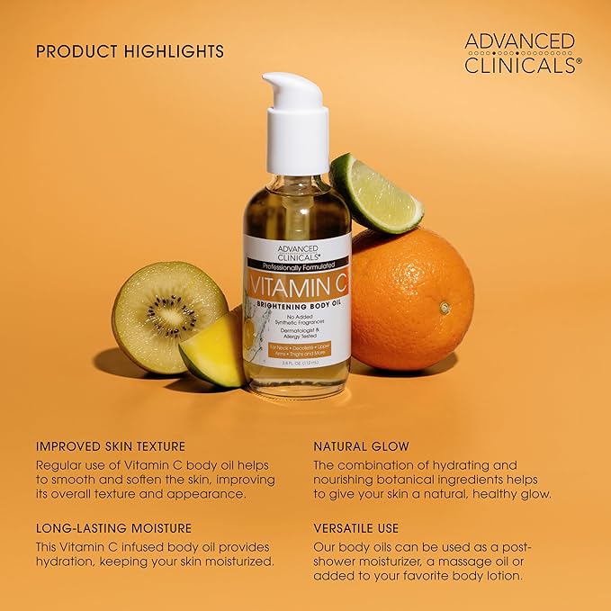 Advanced Clinicals Vitamin C Brightening Body Oil For Women & Men | Vitamin C Glow Oil Skin Care Body Moisturizer With Vitamin E + Botanicals To Help Improve Look Of Dark Spots + Dry Skin, 12 Fl Oz