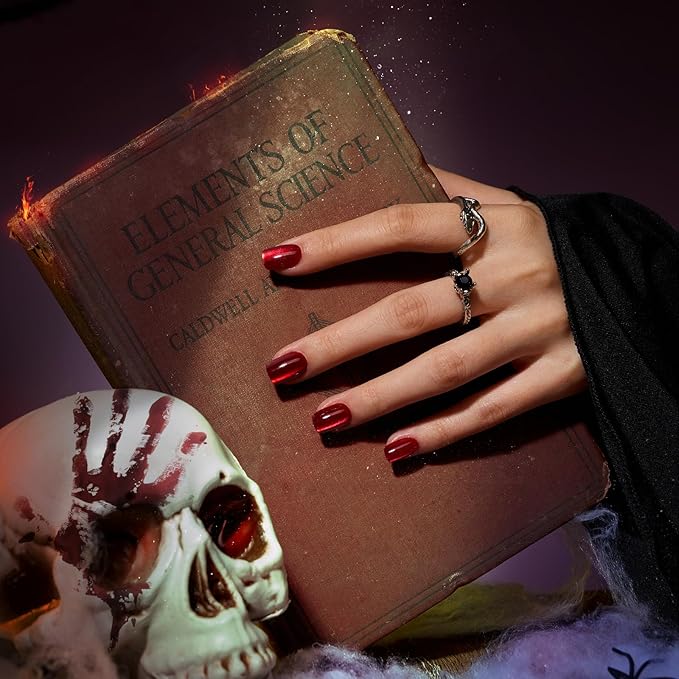 BTArtbox Press On Nails Red - Cat Eye Press On Nails Square for Gifts,Cherry Short Stick On Nails with Glue, Glossy Reusable Nail Tips in 15 Sizes - 30 Soft Gel Fake Nails Kit, Hot Love