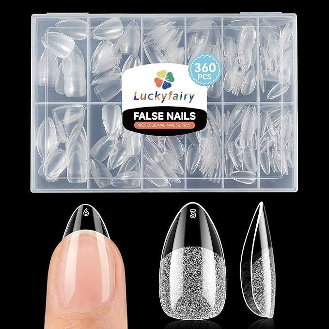 Short Almond Gel Nail Tips 360Pcs, Pre Etched Nail Tips Almond Shape Full Cover Soft Gel Fake Nails for Nails Extension DIY Art Salon 12 Sizes
