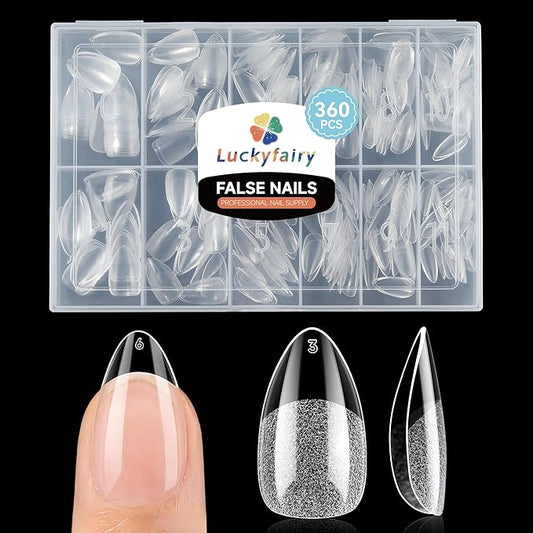 Short Almond Gel Nail Tips 360Pcs, Pre Etched Nail Tips Almond Shape Full Cover Soft Gel Fake Nails for Nails Extension DIY Art Salon 12 Sizes