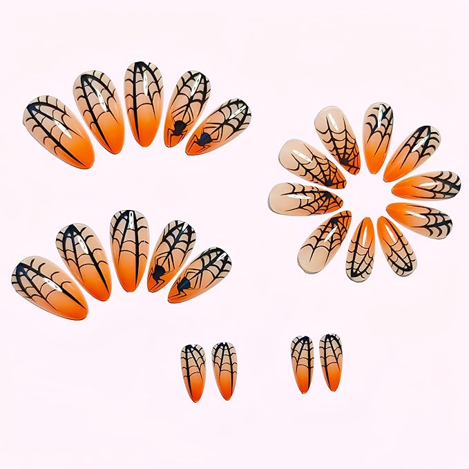 24Pcs Halloween Press on Nails Medium Almond Fake Nails Orange Gradient with Black Spider Spider Web Design Glue on Nails Glossy Full Cover Goth False Nails Acrylic Nail for Women Manicure Decoration