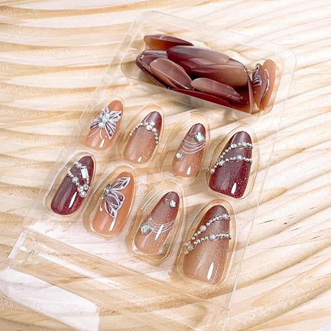 30Pcs Brown Press on Nails Medium Almond Fake Nails with Pearl Rhinestones Designs Butterfly Acrylic Nails Glitter Glue on Nails Full Cover Fall False Nails French Tip Stick on Nails for Women