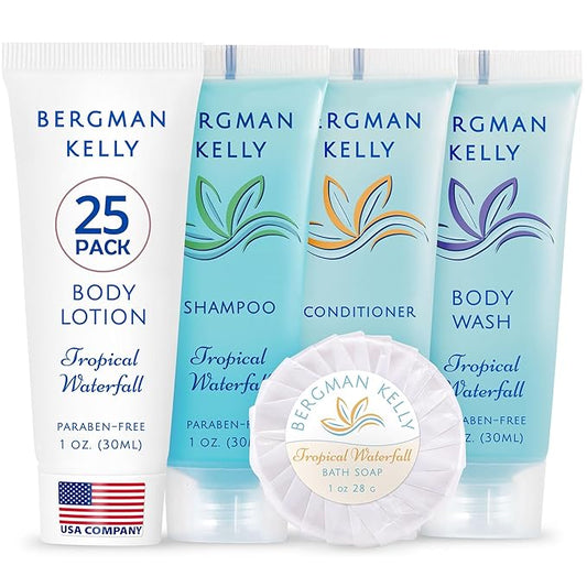 BERGMAN KELLY - Hotel Toiletries Bundle - Tropical Waterfall, 1 oz each, 125 Pieces - 5-Piece Set: 25 each Round Bar Soap, Shampoo, Conditioner, Body Lotion & Body Wash - Bulk Mini Guest Amenities