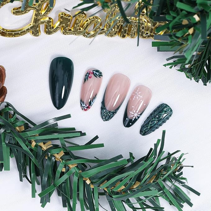24Pcs Christmas Press on Nails Medium French Tip Fake Nails Winter Snowflake Acrylic Nail Xmas Holly Candy Design Cute Almond False Nail Green Full Cover 3D Christmas Glue on Nails Supplies for Women