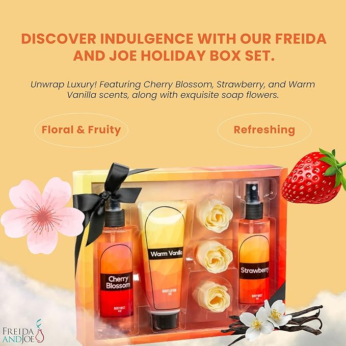 Fine Fragrance Body Mist & Body Splash Gift Set – Luxury Self-Care Combo for Women and Girls (Cherry Blossom, Strawberry, Warm Vanilla, Rose Soap)
