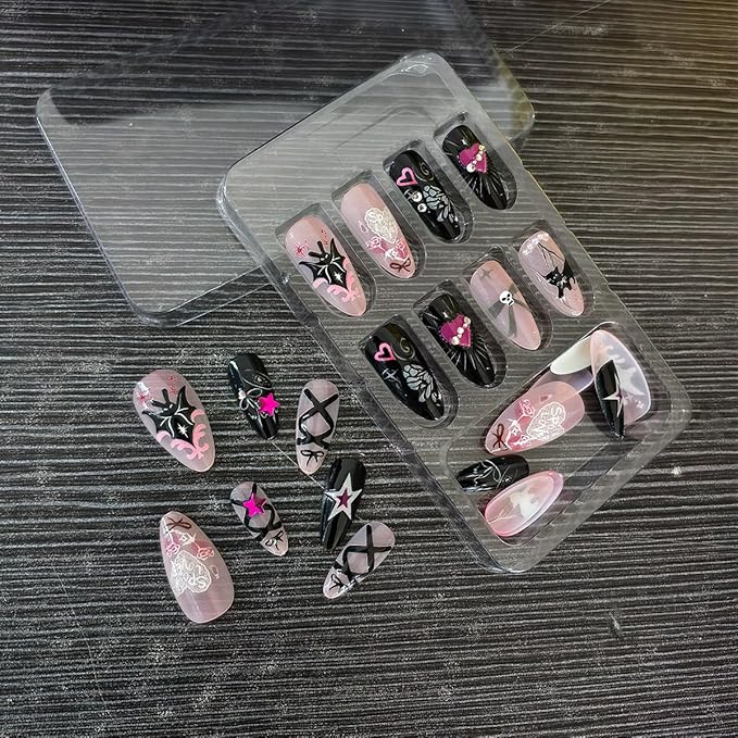 24Pcs Halloween Press on Nails Medium Almond Fake Nails with Cute Black Cat Bat Designs Pink Heart Bow Glue on Nail Full Cover Acrylic Artificial Nails for Women Halloween Manicure Decoration