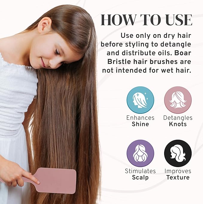 Nora Ross Boar Bristle Hair Brush for Shine & Smoothness – Gentle Detangler Boar Bristle Brush for Women & Men w/Sensitive Scalp & Fine Hair – Slick Back Hairbrush for Frizz-Free Hairstyle (Pink)