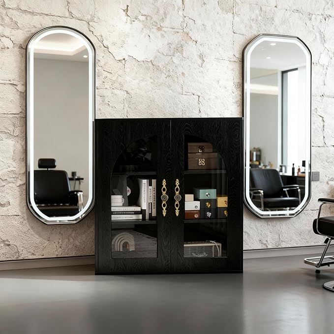 3-Layers Salon Station Free Standing Cabinet, Hair Styling Stations Salon Furniture w/Glass Doors, Bronzed Metal Handles, Wood Grains Surface, Barber Table Hair Salon Furniture（Black）