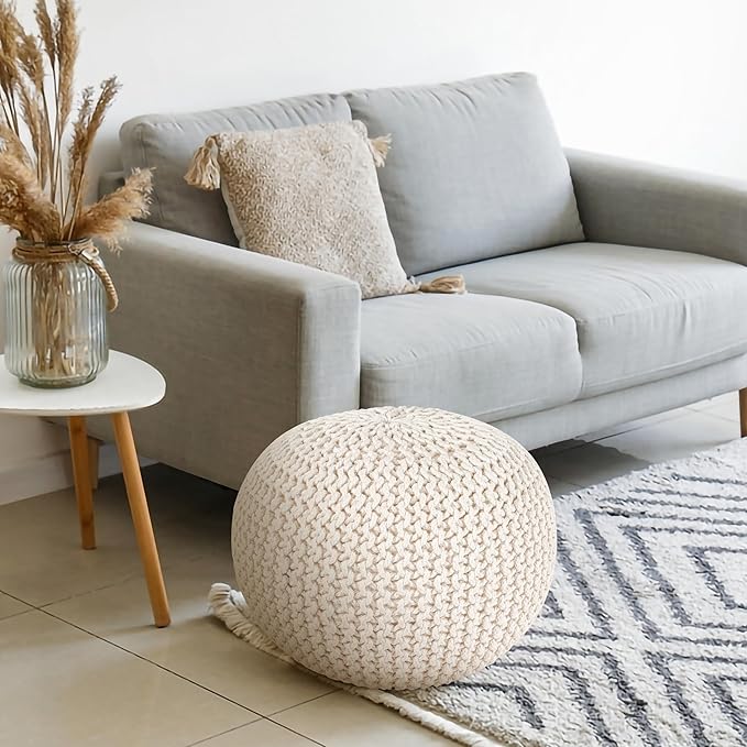 Palisa Round Pouf Ottoman - Ivory, Stuffed Boho Cable Knitted Foot Rest Stool for Couch, Living Room, Outdoor Patio Seat | Hand Woven Chair Pouffs for Kids Bedroom - 20x20x14 Inches