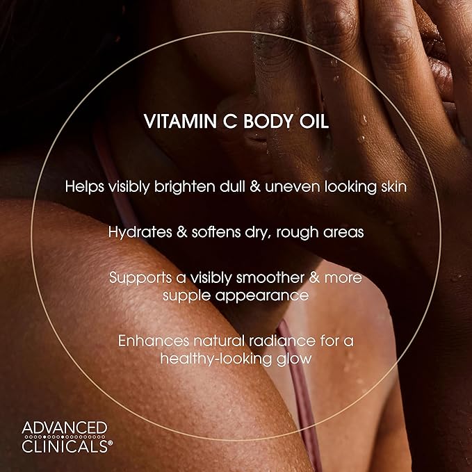 Advanced Clinicals Brightening Vitamin C Body Oil For Women & Men | Vitamin C Glow Oil Skin Care Body Moisturizer With Vitamin E + Botanicals To Help Improve Look Of Dark Spots + Dry Skin, 3.8 Fl Oz