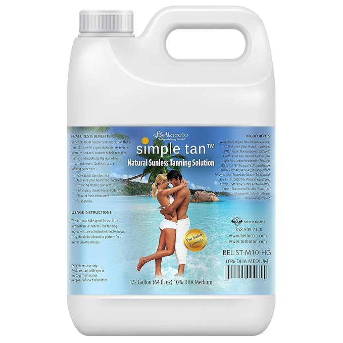 Belloccio Simple Tan Half Gallon Bottle of Professional Salon Sunless Tanning Solution with 10% DHA and Dark Bronzer Color Guide