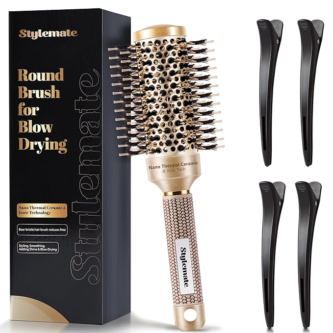 Round Hair Brush for Blow Out, Nano Thermal Ceramic & Ionic Tech, 1.3 inch Barrel, Boar Bristles, Roller Brush for Blow Drying and Styling, Includes 4 Free Clips, Gold