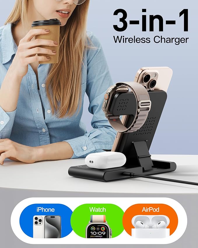 2025 Wireless Charger for Apple and Android Charging Station,3 in 1 Fast Max Charging for iPhone 16 15 14 13 12 Pro Max Plus, Apple Watch Series & Air pods 4 3 2 Pro, Android Samsung Galaxy Series