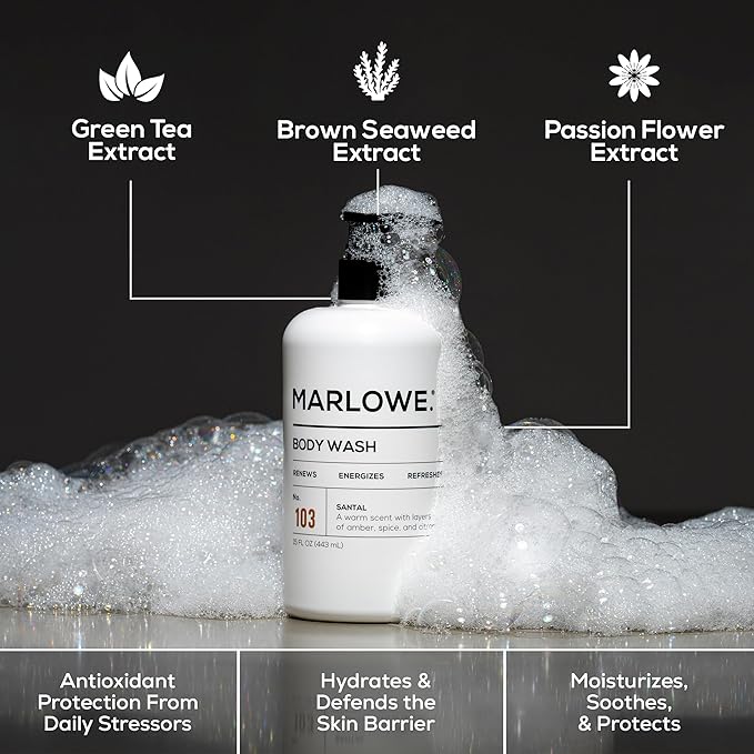 MARLOWE. No. 103 Body Wash 15 oz Pump, Santal, Energizing & Refreshing Shower Gel, Willow Bark & Green Tea Extracts, Cleanses, Moisturizes, Smooths & Nourishes, Warm Amber, Spice & Citron Scent