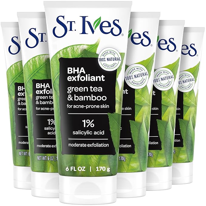St. Ives Blackhead Clearing Face Scrub, Clears Blackheads & Unclogs Pores, Green Tea & Bamboo, Salicylic Acid Acne Treatment Facial Scrub, Moderate Exfoliator with Natural Exfoliants 6 oz, 6 Pack