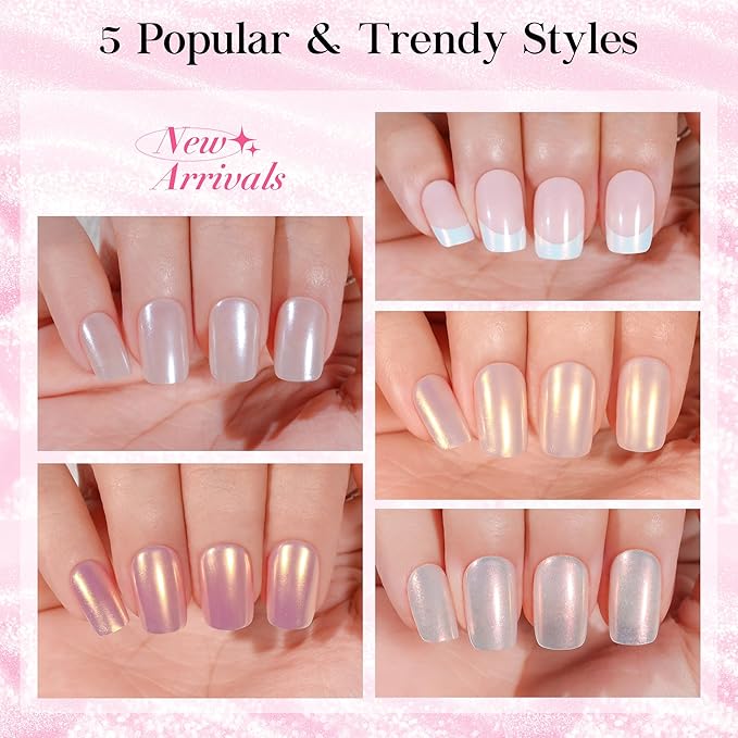 Jofay Fashion Press On Nails Short French Mermaid/Pearl/Aurora Chrome Nail Designs, Glossy Artificial Acrylic False Nails, short nails press on Stick on Nails for Women, 5 Styles