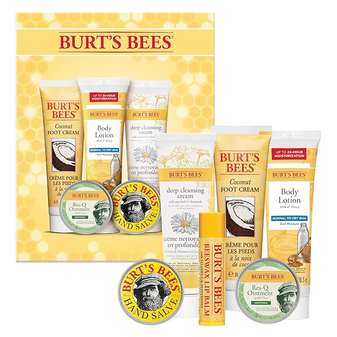 Burt's Bees Christmas Gifts, 6 Stocking Stuffers Products, Timeless Minis Kit - Original Beeswax Lip Balm, Coconut Foot Cream, Milk Honey Body Lotion, Deep Cleansing Cream, Res-Q Ointment & Hand Salve