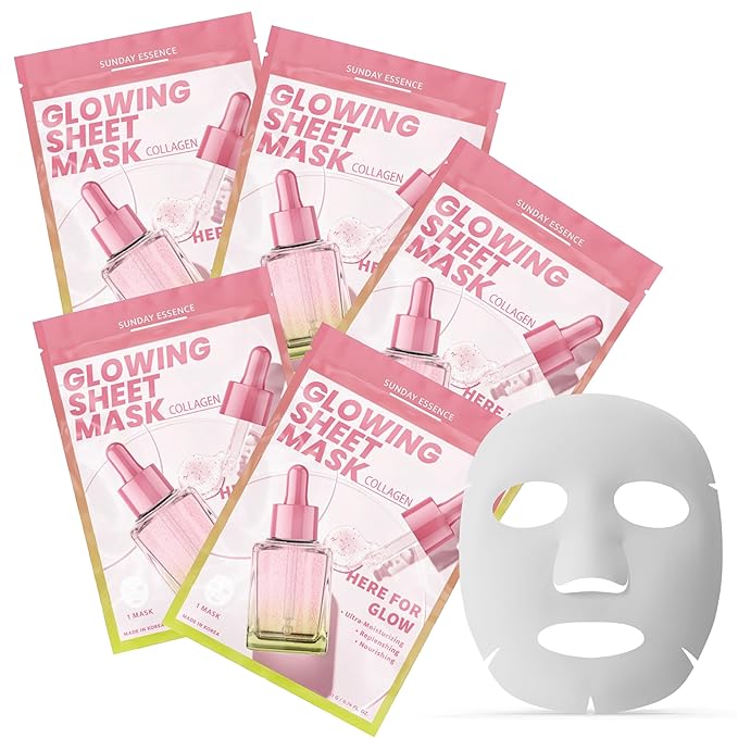 Collagen Face Mask – Dermatologist Tested, Anti-Aging, Korean Skin Care, Firms Hydrates Strengthens Barrier – Clean Beauty Vegan Sheet Mask for Dry Sensitive Skin – 5 Sheets