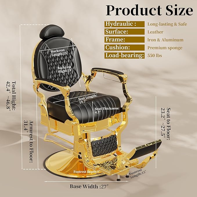 Baasha Black & Gold Heavy-Duty Barber Chair, Luxury Reclining Salon Chair with Adjustable Headrest & Comfort Seating, 550 lbs Capacity