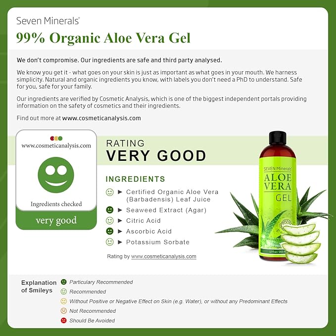 Seven Minerals Aloe Vera Gel - 99% Organic, Big 12 oz - NO XANTHAN, so it Absorbs Rapidly with No Sticky Residue - made from REAL JUICE, NOT POWDER (Pack of 2)