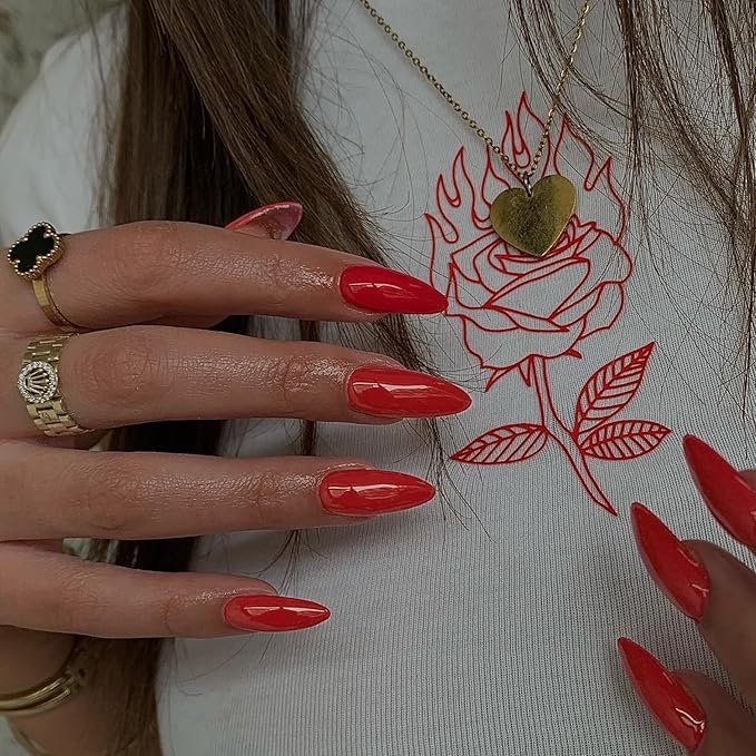 48Pcs Bright Red Press on Nails Almond Fake Nails Glue on Nails Medium Length Almond Shaped Nails Press ons, Stiletto Nails False Nails for Women, Medium Almond Nails, Thick Natural Acrylic Gel Nails