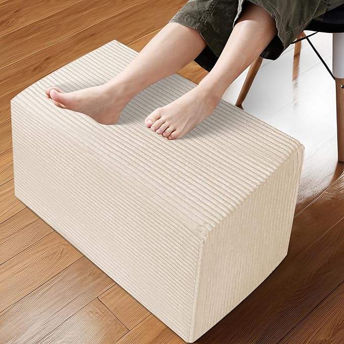 Rectangular Stuffed Pouf Ottoman with Foam Chunk Filling, Coral Fleece and Furry Fabric Design, Multi-Functional Floor Pouf for Living Room, Beige