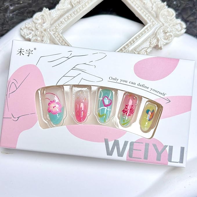 30Pcs Pink Press on Nails Medium Almond Fake Nails with 3D Flower Pearl Starfish Design Summer Bikini Shell Butterfly False Nails Pineapple Orange Colorful Acrylic Stick on Nails for Women