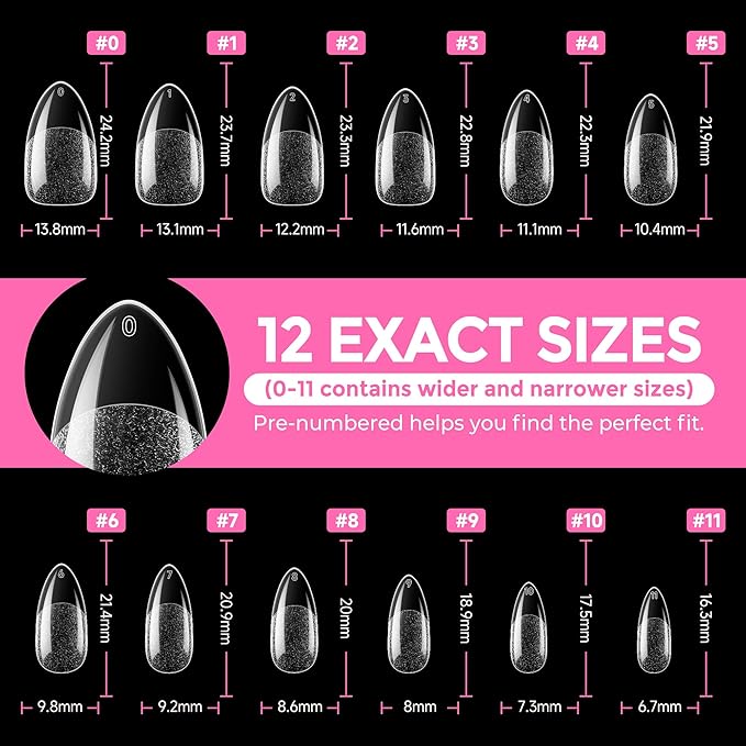 UNA GELLA Almond Nail Tips, 216pcs Pointed Almond Gel Nail Tips Pre-shape Half Matte Full Cover Clear Acrylic Soft Gel Fake Nails for Nail Extension Nail Art 12 Sizes