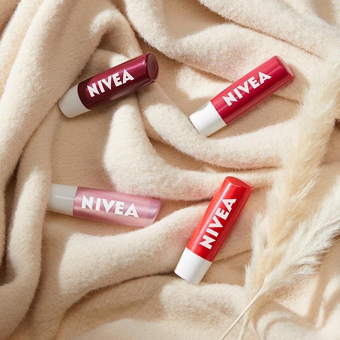 NIVEA Lip Care, Fruity Tinted Lip Balm Variety Pack, Includes Cherry, Strawberry, Blackberry and Watermelon Scents, 0.17 Oz, Pack of 4