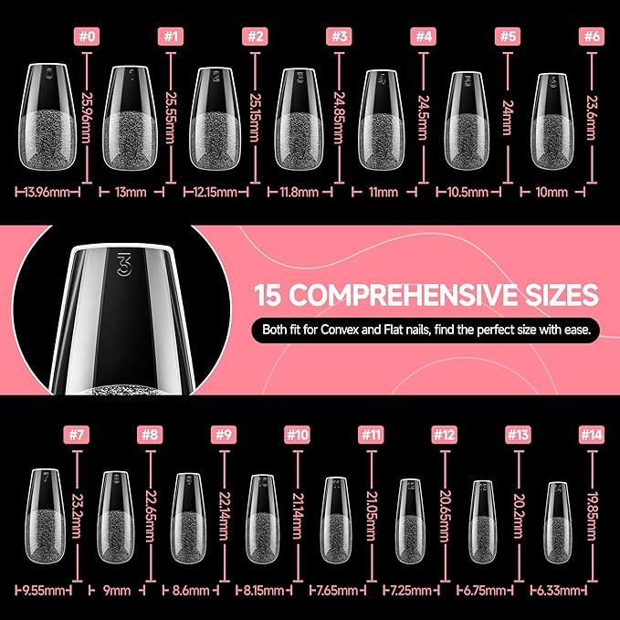 UNA GELLA Coffin Nails Tips Medium: Gel Nail Tips Coffin Shape 330pcs Pre-Etched Full Cover Press On Clear Acrylic Fake Nails Extension DIY Salon 15 Sizes