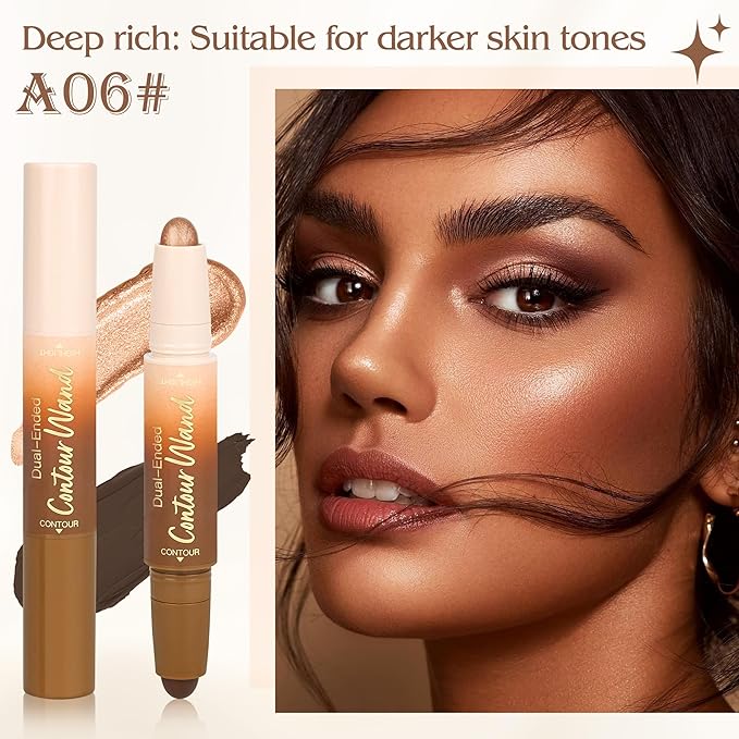 Contour Highlighter Stick，2in1 Dual-Ended Cream Bronzer&Highlighter Sticks Pen for Face Body Contouring Makeup- Buildable，Waterproof, Easy to Apply Suitable for Beginners，06Black Cocoa+Bronzer Shimmer