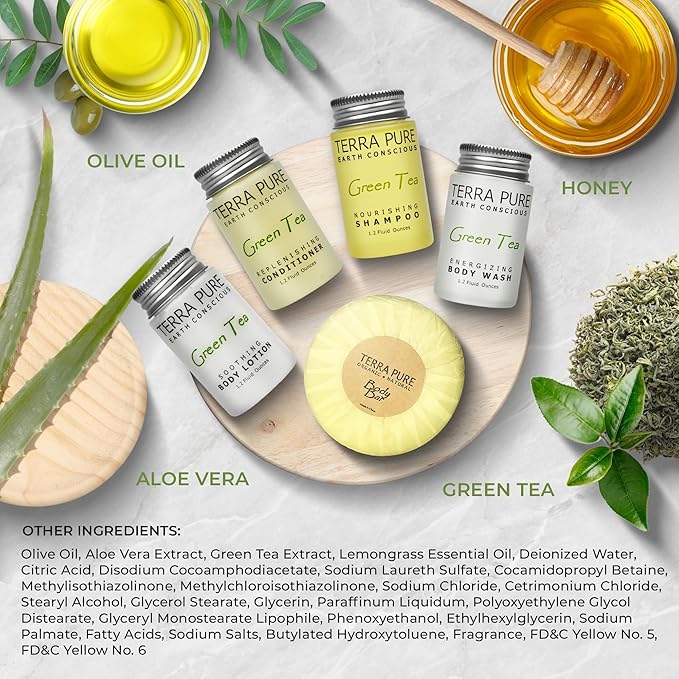 Terra Pure Hotel Soaps & Toiletries Bulk Set | 1-Shoppe Amenities Kit | 1oz Shampoo & Conditioner, Body Wash, Lotion, 1.25oz Bar Soap | Travel Size | 300 Pieces