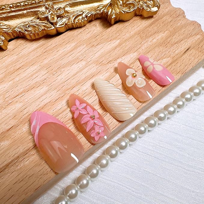 24Pcs French Tip Press on Nails Medium Almond Fake Nails with 3D Flower Gold Beads Designs Pink Yellow Floral Acrylic Nail Tips Full Cover Summer Fall False Nails Cute Flowers Stick on Nails for Women