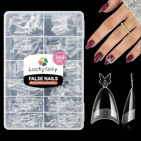 Medium Almond Gel Nail Tips: 360Pcs Half Cover Nail Tips Almond Shape Soft Gel Tips 12 Sizes Half Matte Clear False Nails with Handles for Pre-shape Acrylic Press on Nails Extension DIY Home Salon