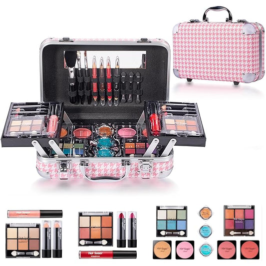 Hot Sugar All In One Makeup Set for Adults and Girls-Full Makeup Kit for Beginners Includes Eye Shadow Palette Blush Lip Gloss Lipstick Lip Pencil Eye Pencil Brush Mirror (Pink Houndstooth)