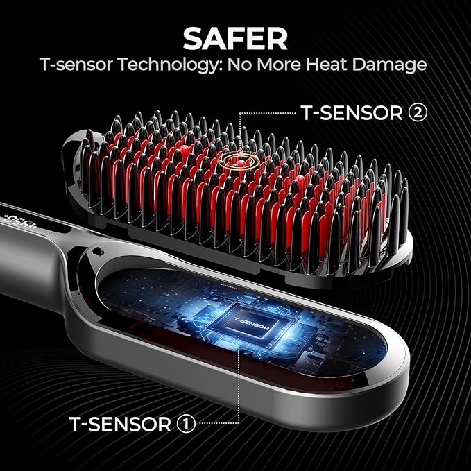 TYMO Hair Straightener Brush - Upgraded Ionic Plus Straightening Brush with Dense Bristles, 16 Temps, Dual Voltage | Ceramic Hot Comb for Women | Flat Iron for Thick Curly Hair, Black