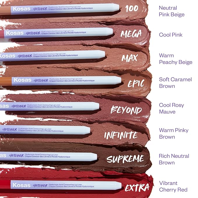 Kosas Hotliner Retractable Lip Liner Pencil with Built-In Brush & Sharpener - Easy Contouring, Hydrating, Long-Lasting- Pigmented Creamy Texture for Plumping Lips - Hyaluronic Acid & Konjac - Infinite
